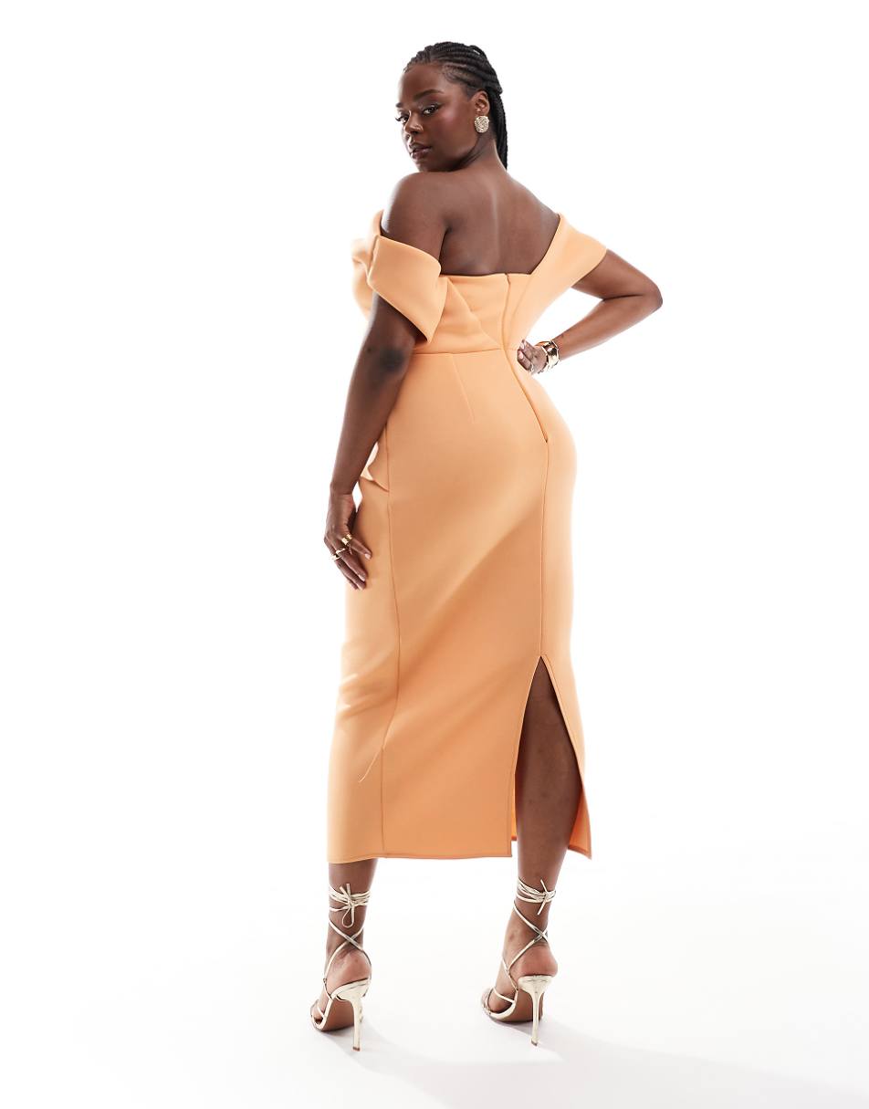 ASOS DESIGN Curve off-shoulder pleated waist detail midi pencil dress in apricot