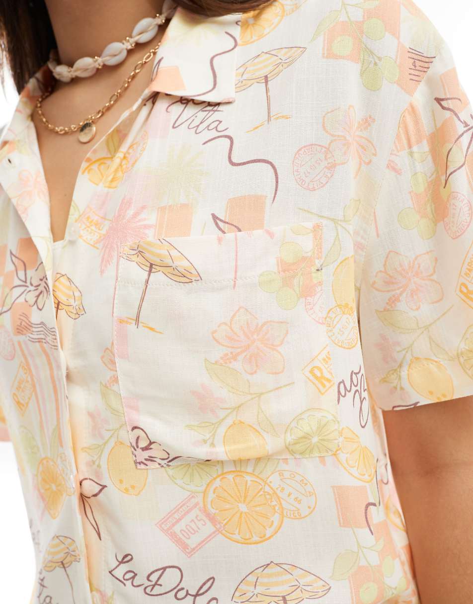 Miss Selfridge linen look resort shirt in postcard print