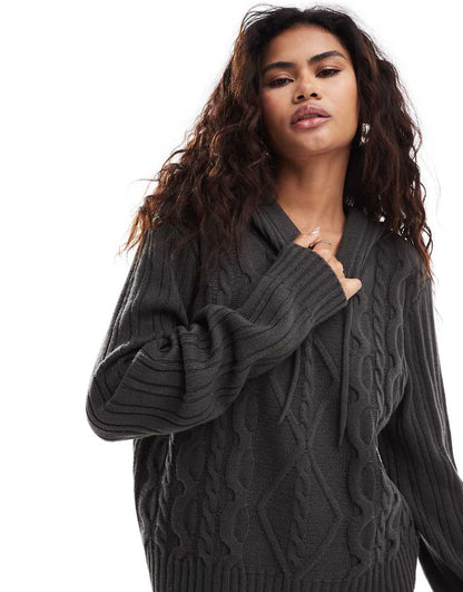 COLLUSION cable knit hoodie in brown