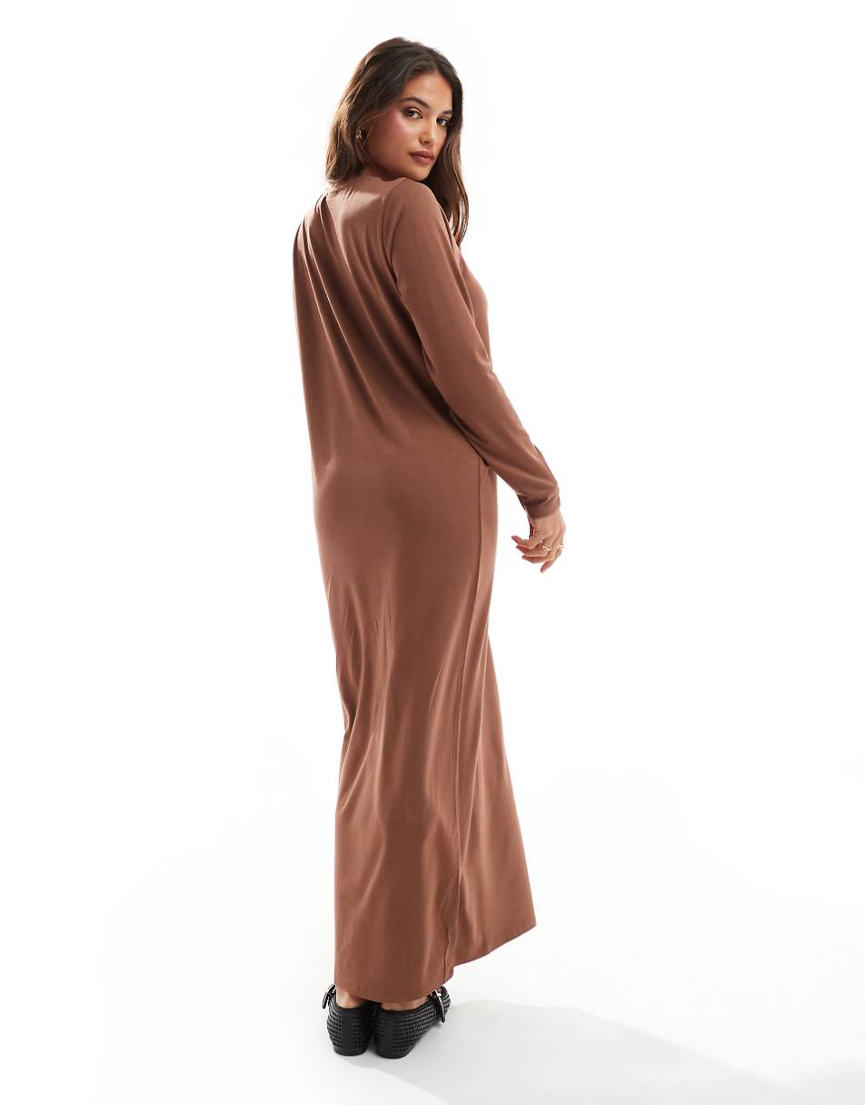 ASOS DESIGN long sleeve maxi T-shirt dress in light chocolate