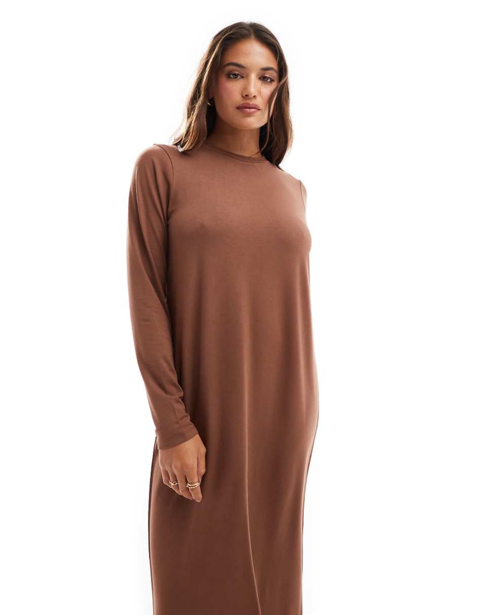 ASOS DESIGN long sleeve maxi T-shirt dress in light chocolate