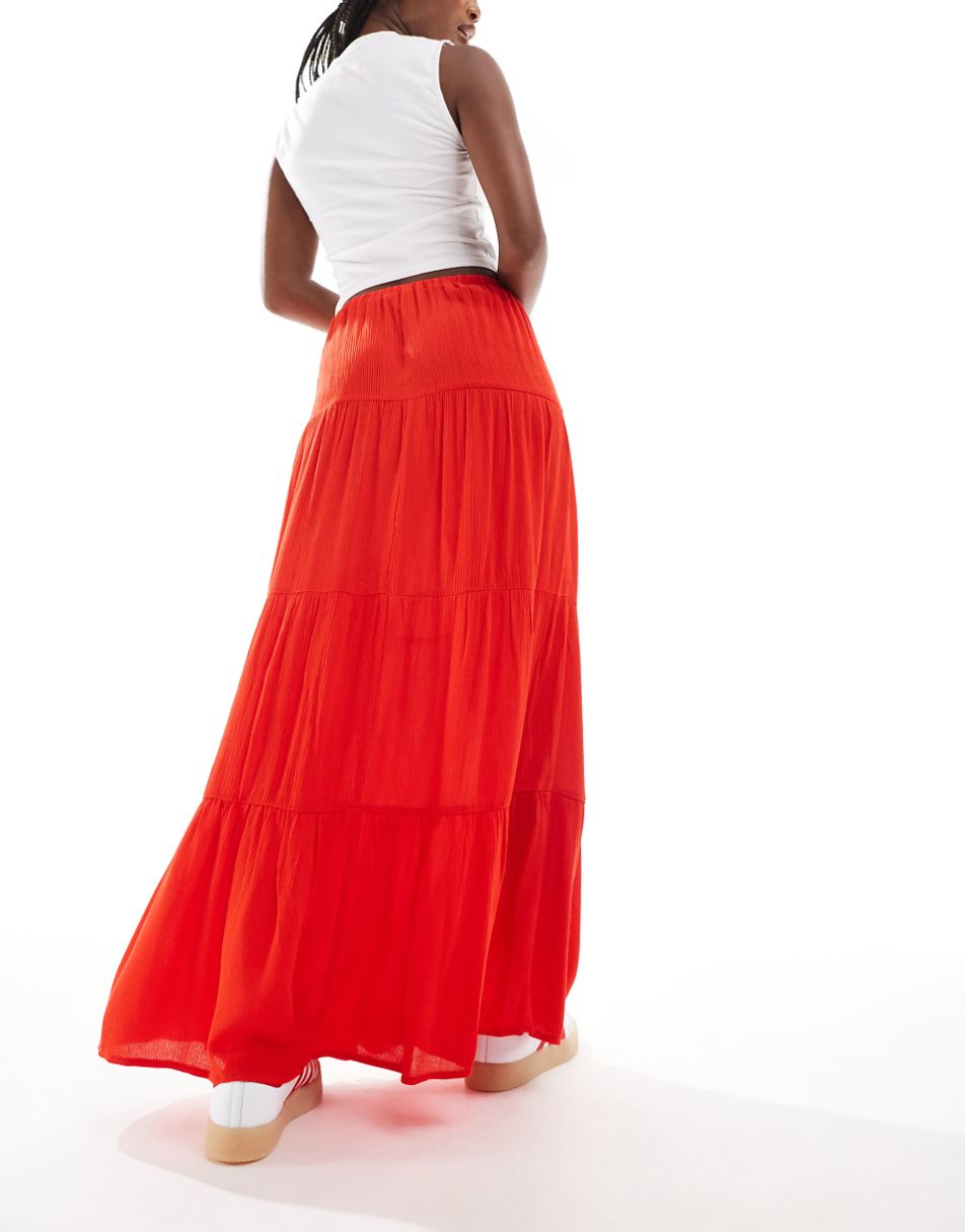 Miss Selfridge textured tiered prairie maxi skirt in red