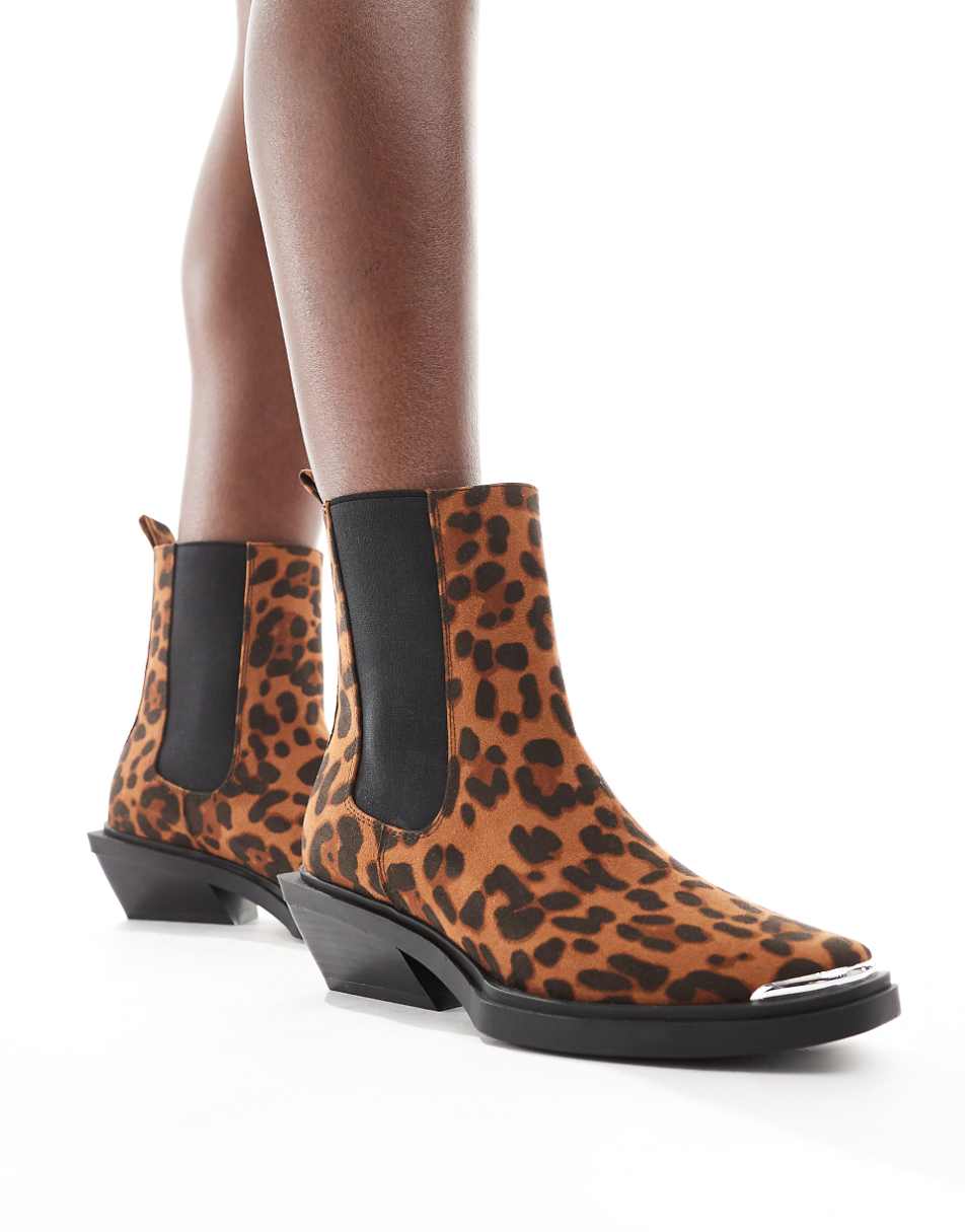 ASOS DESIGN Aruba flat western boots with toe cap detail in leopard