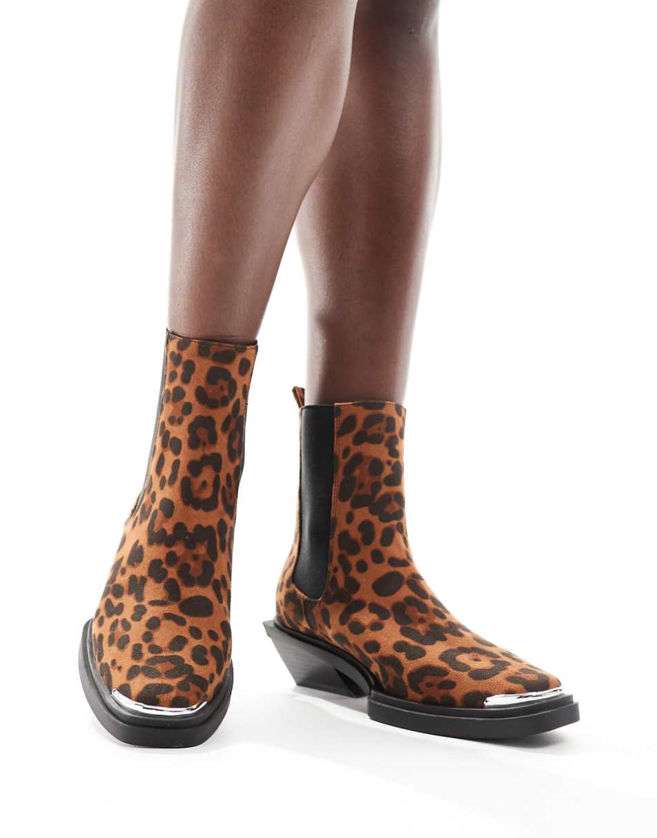 ASOS DESIGN Aruba flat western boots with toe cap detail in leopard