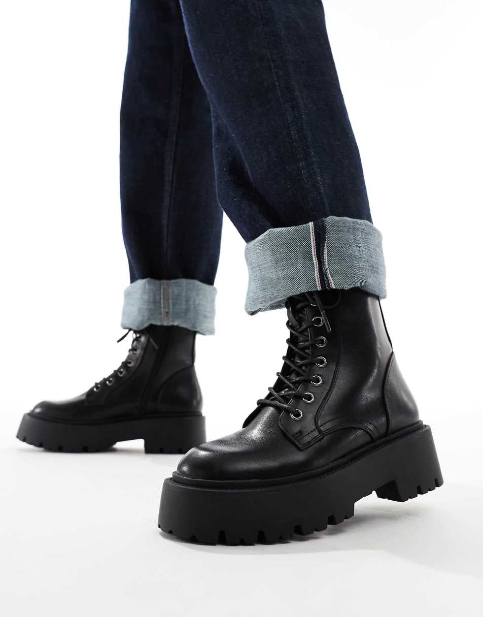 ASOS DESIGN Wide Fit Adventure chunky lace up boots in black