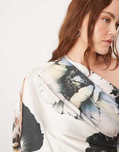 ASOS EDITION Curve satin oversized one sleeve maxi dress in large floral print