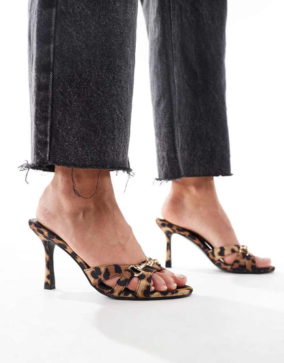 Public Desire Alisa heeled mule sandals in leopard with snaffle trim