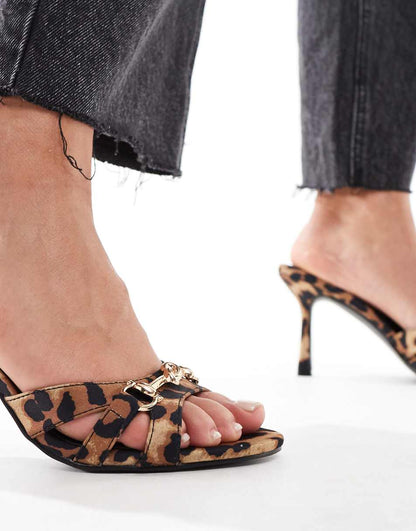 Public Desire Alisa heeled mule sandals in leopard with snaffle trim