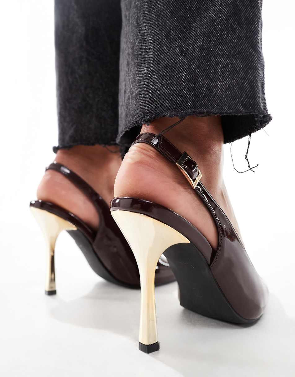 Public Desire Torrie slingback pointed heeled shoes in chocolate brown with gold heel