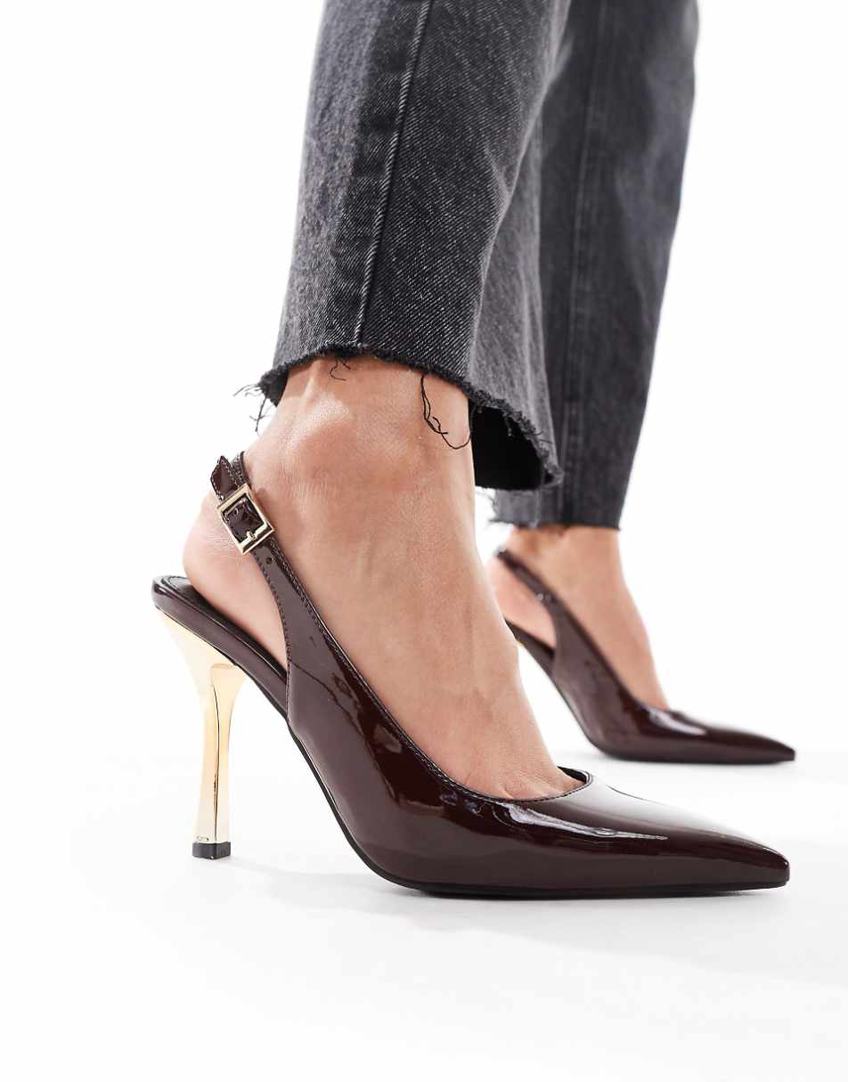 Public Desire Torrie slingback pointed heeled shoes in chocolate brown with gold heel