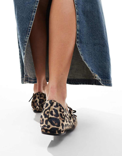 Public Desire Kandi bow ballet flats with straps in leopard velvet