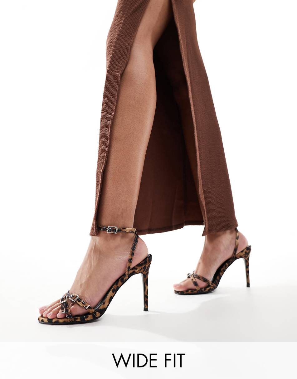 Public Desire Jenna Wide Fit mid heeled sandals in leopard with embellished buckles
