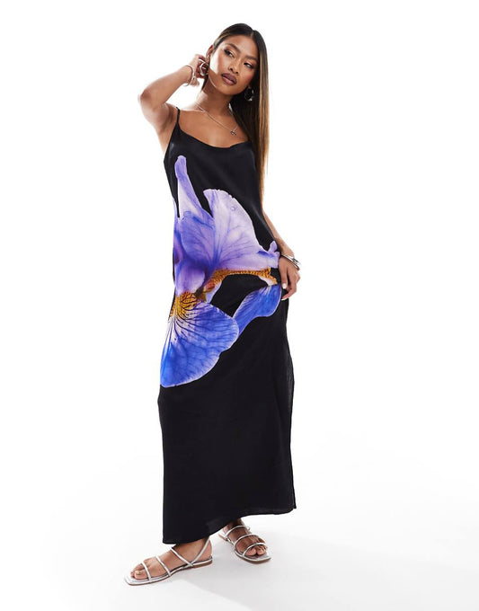 ASOS DESIGN black satin dress with floral print