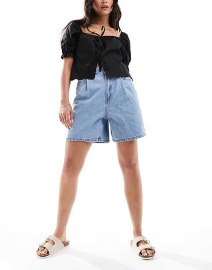 Mango high rise slouchy denim shorts in light blue