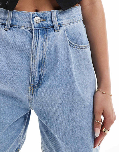 Mango high rise slouchy denim shorts in light blue