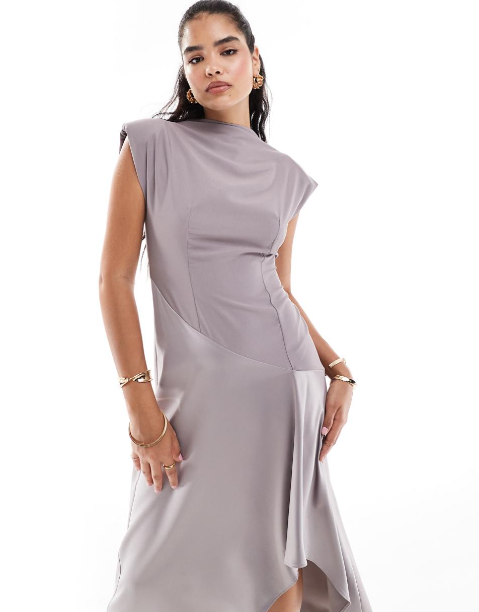 ASOS DESIGN high neck satin contrast midaxi dress in gray