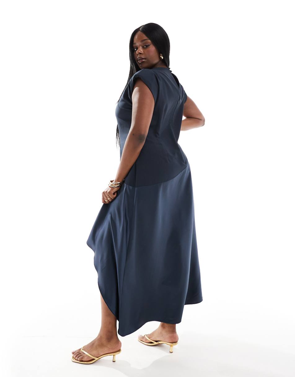 ASOS DESIGN Curve high neck satin contrast midaxi dress in navy