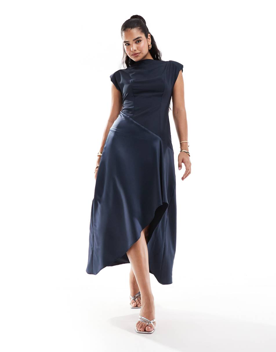 ASOS DESIGN high neck satin contrast midaxi dress in navy