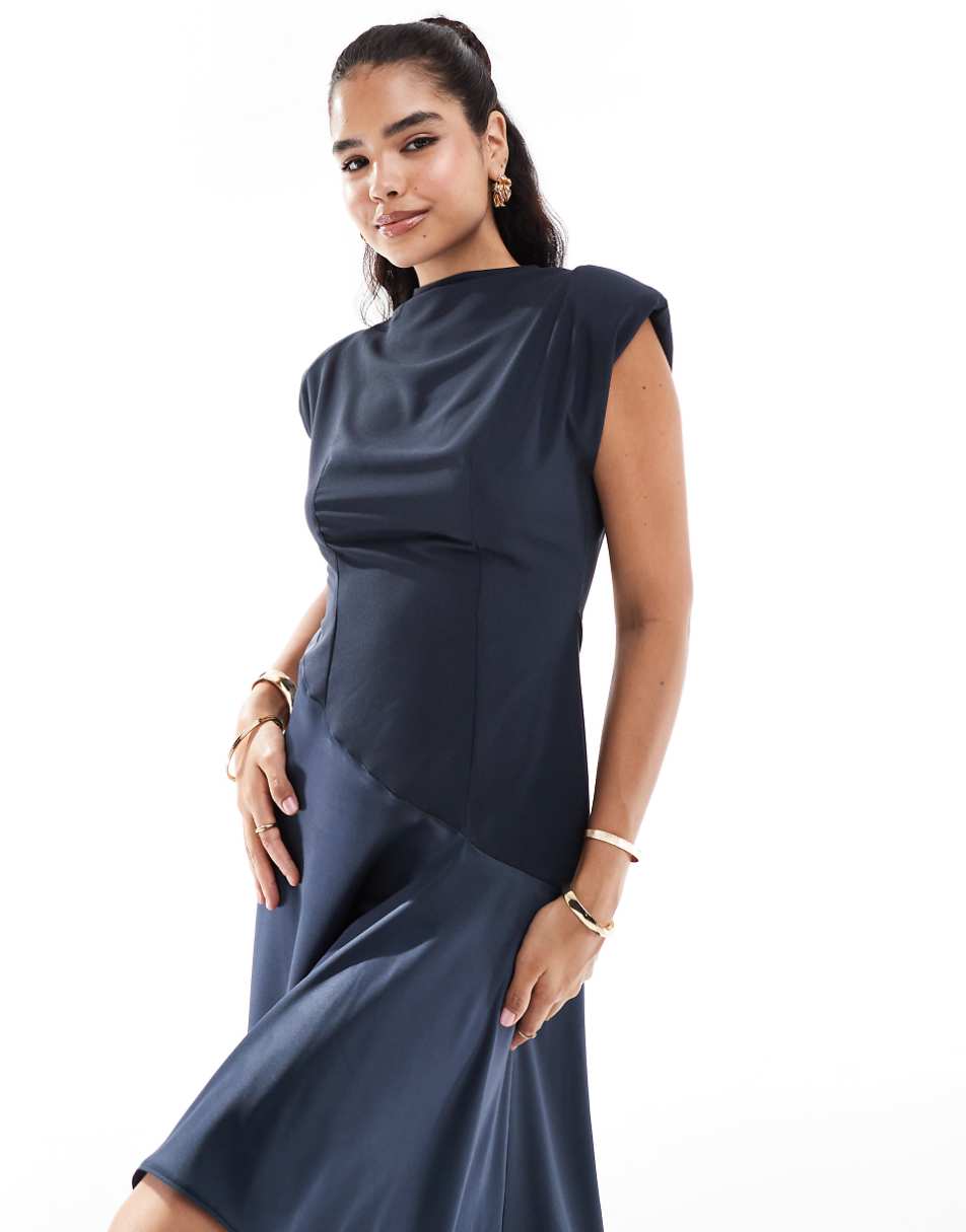 ASOS DESIGN high neck satin contrast midaxi dress in navy