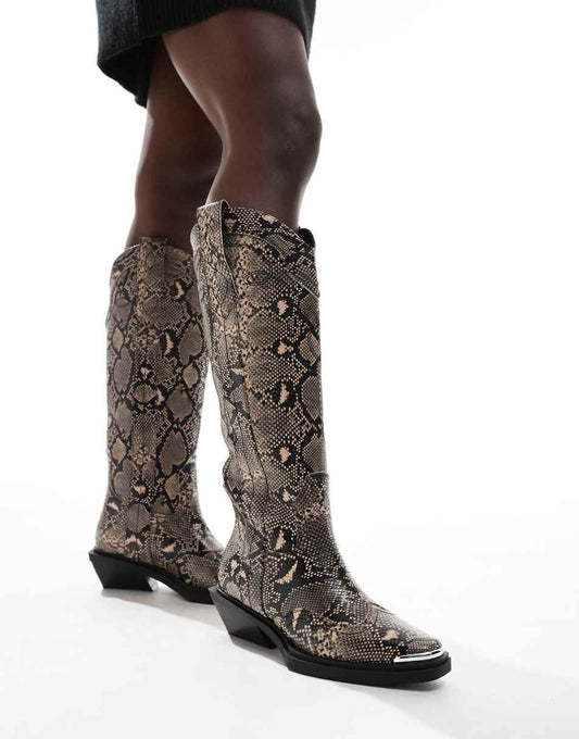 ASOS DESIGN Celeste flat western knee boots in snake