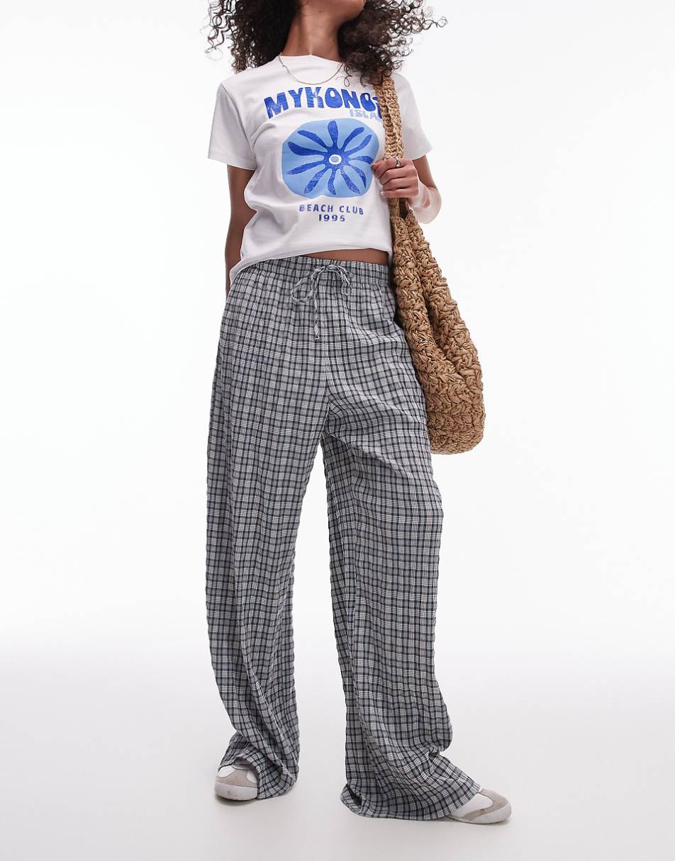 Topshop seersucker plaid pull on wide leg pants