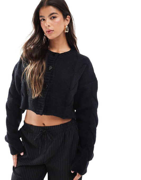 SNDYS premium cropped cable knit cardigan in black