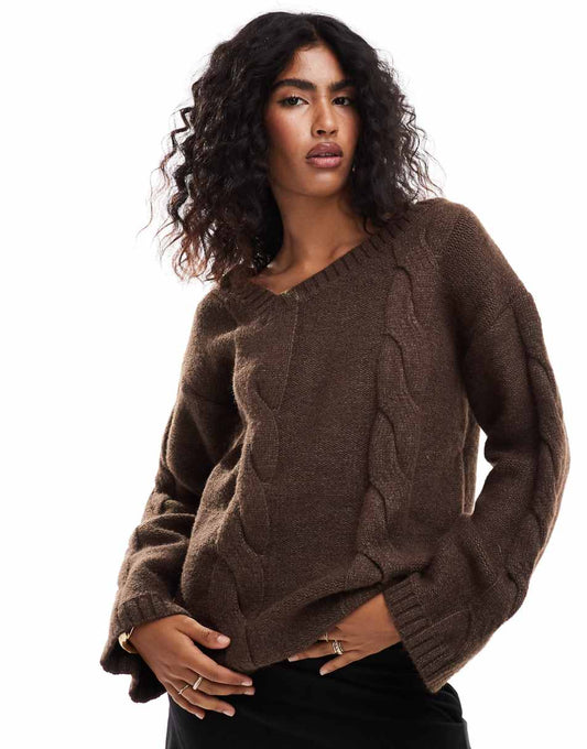 SNDYS premium asymmetric v neck cable knit sweater in mocha