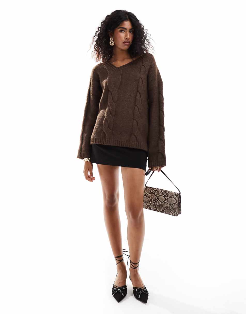 SNDYS premium asymmetric v neck cable knit sweater in mocha