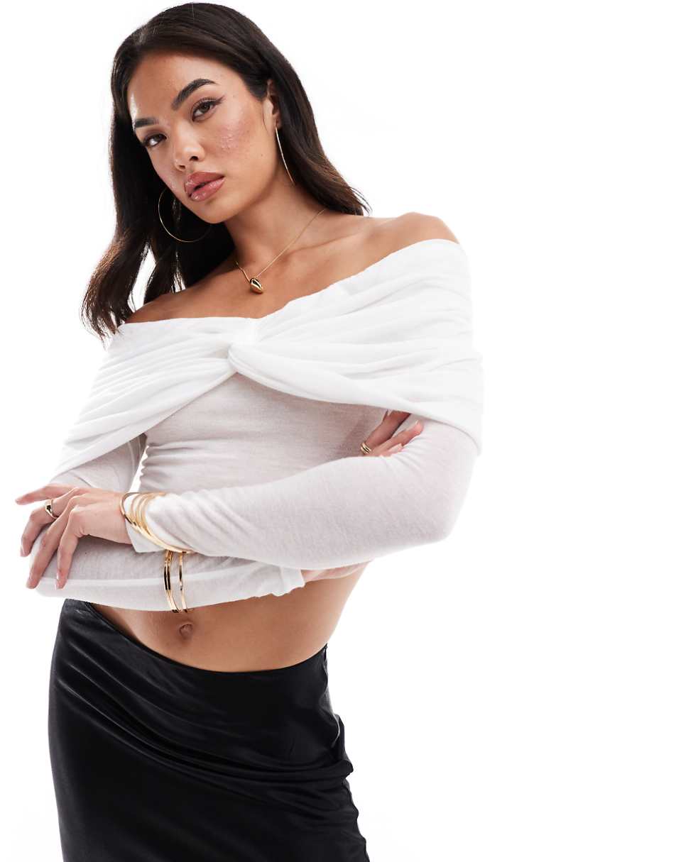 SNDYS mesh bardot twist overlay detail top in white