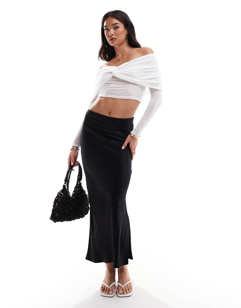 SNDYS mesh bardot twist overlay detail top in white