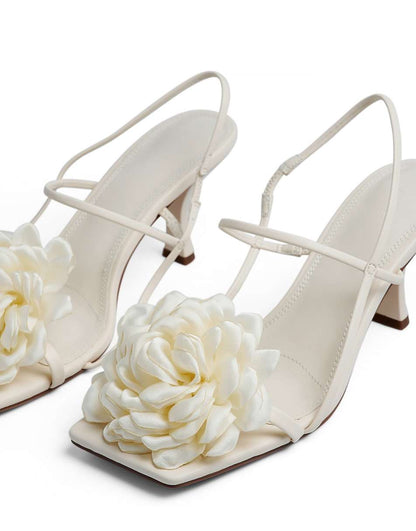 NA-KD square toe heeled sandals with corsage detail in off-white