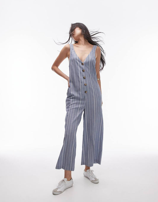 Topshop textured button down jumpsuit in stripe