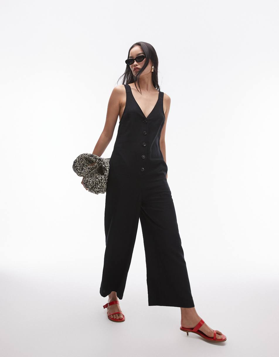 Topshop textured button down jumpsuit in black linen