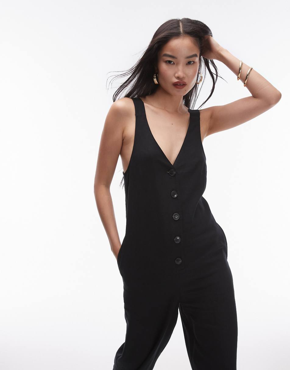 Topshop textured button down jumpsuit in black linen