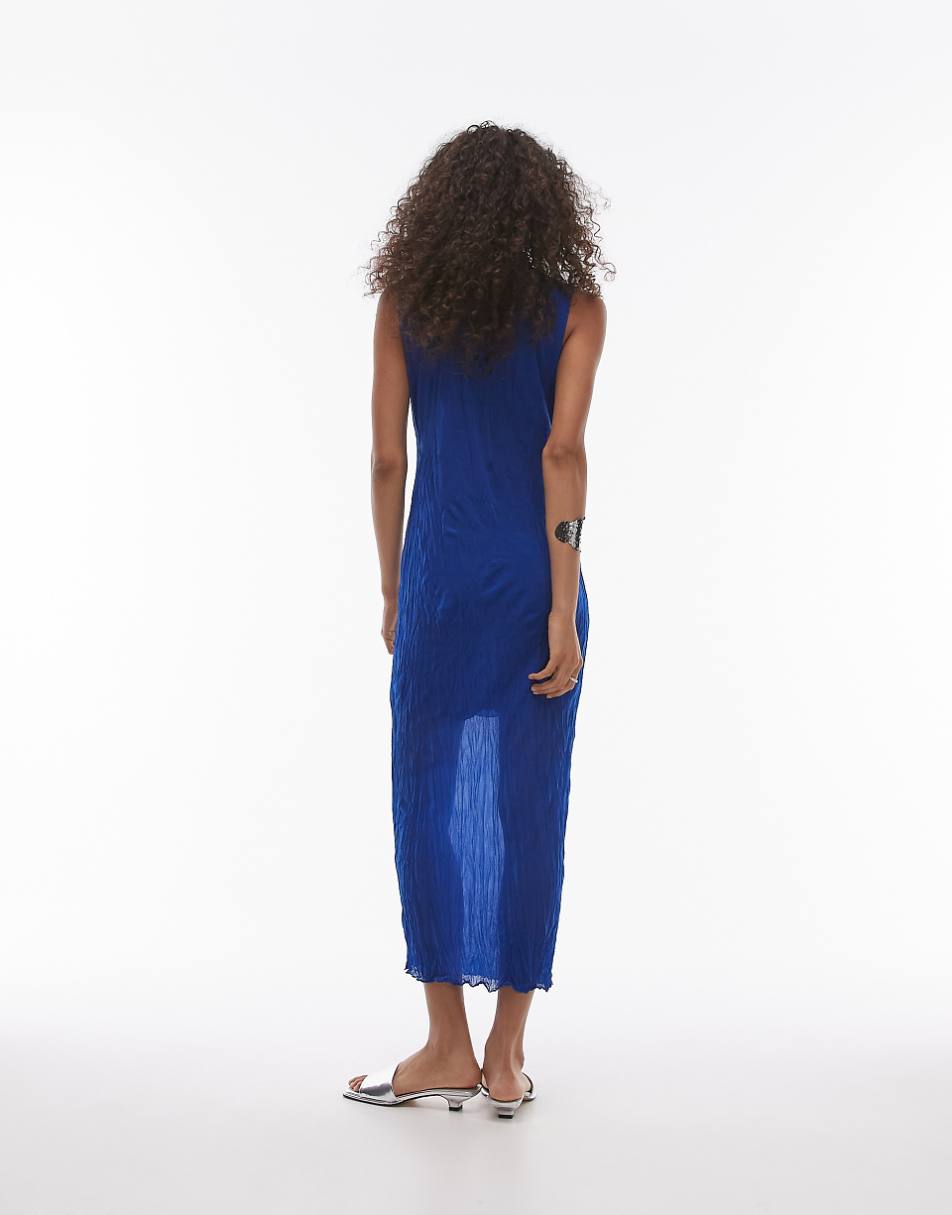 Topshop sleeveless relaxed crinkle midi dress in cobalt