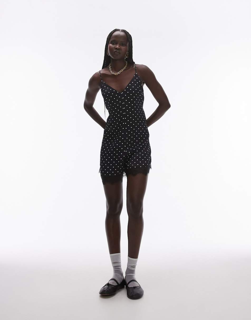 Topshop lace cami romper in spot print