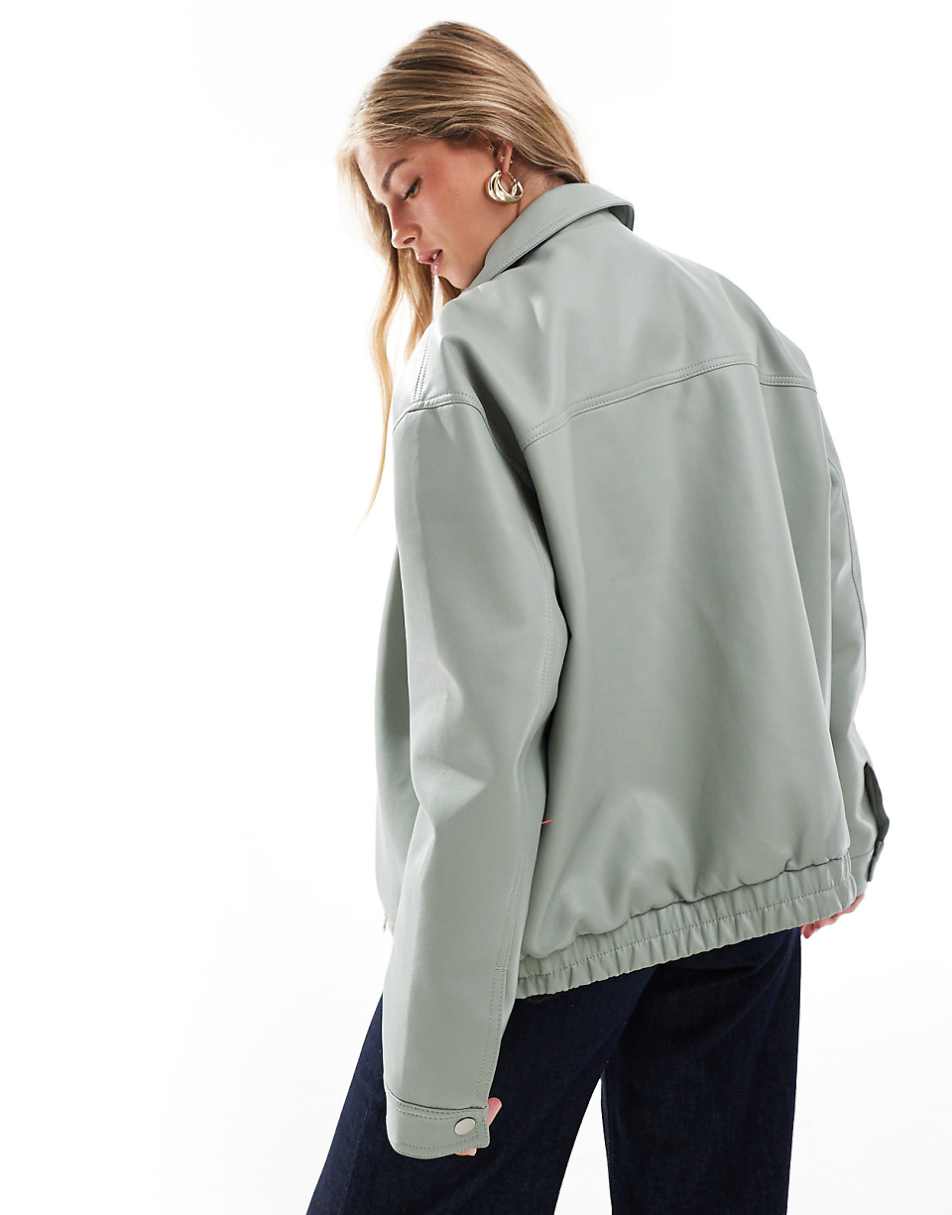 ASOS DESIGN leather look top collar jacket in sage