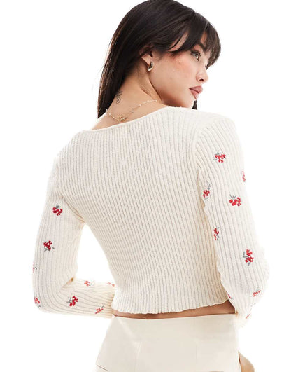 Cotton On tie front cardigan in cherry embroidered knit