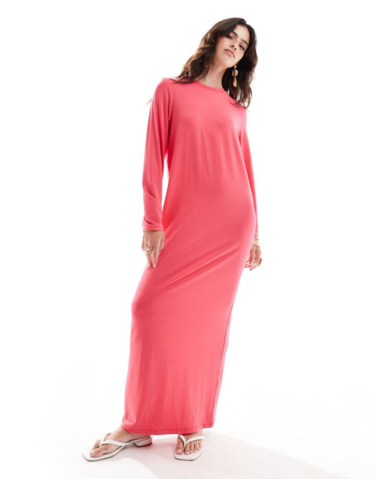 ASOS DESIGN long sleeve maxi t-shirt dress in pink