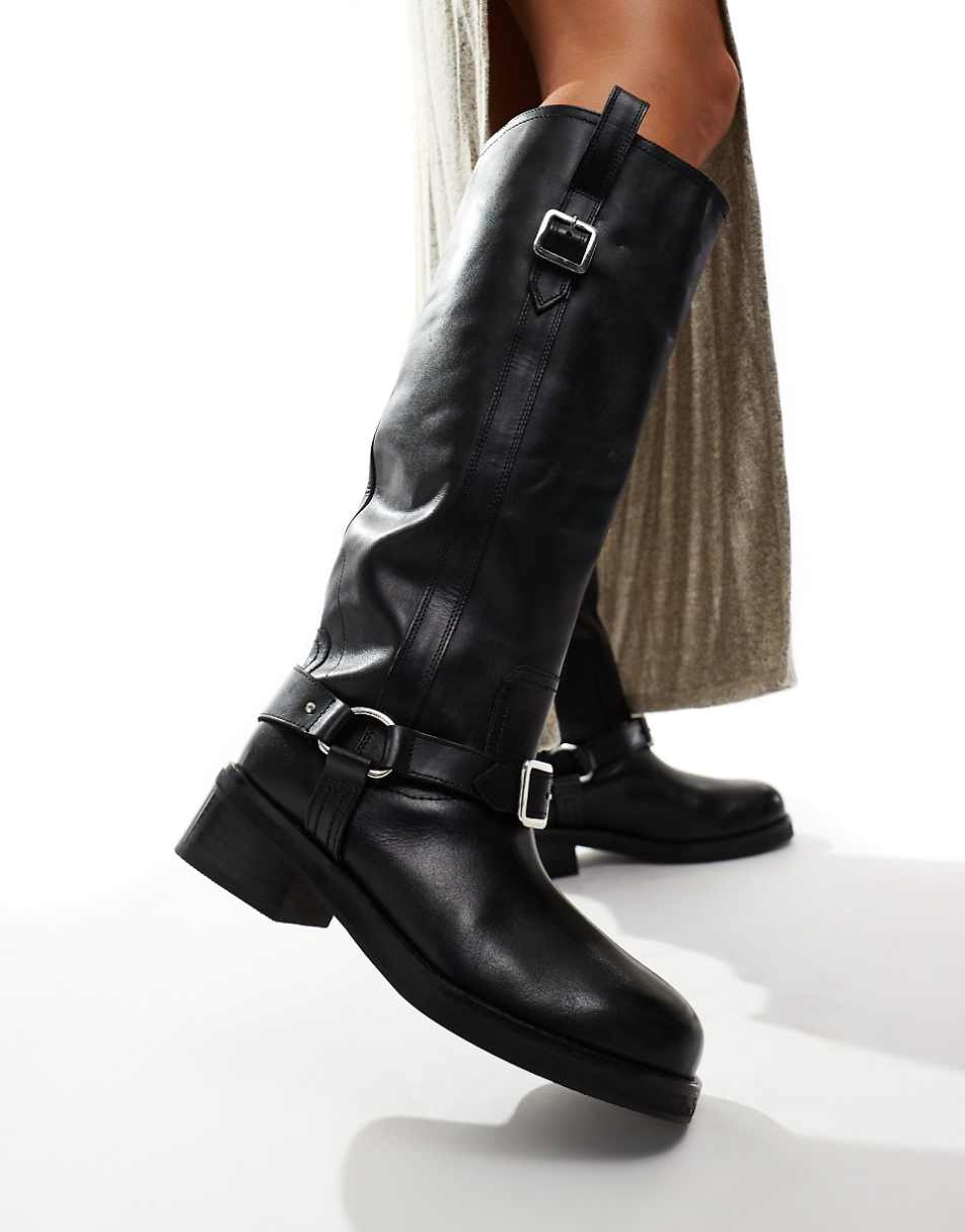 ASOS DESIGN Cora leather harness biker knee boots in black