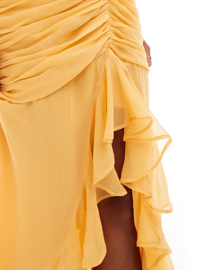 ASOS DESIGN Petite ruched front high low frill maxi dress in yellow