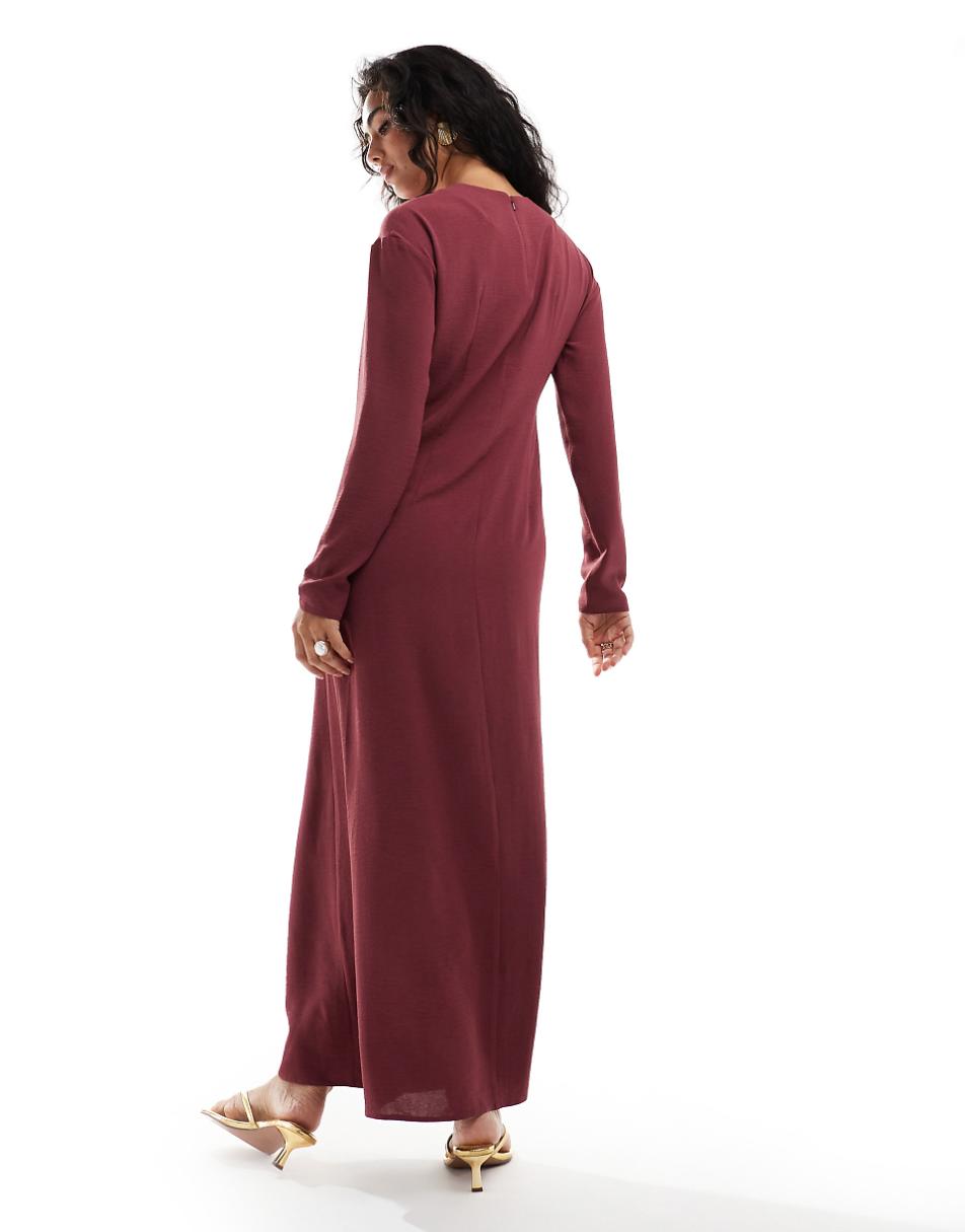 ASOS DESIGN long sleeve maxi dress with ruched side in mulberry