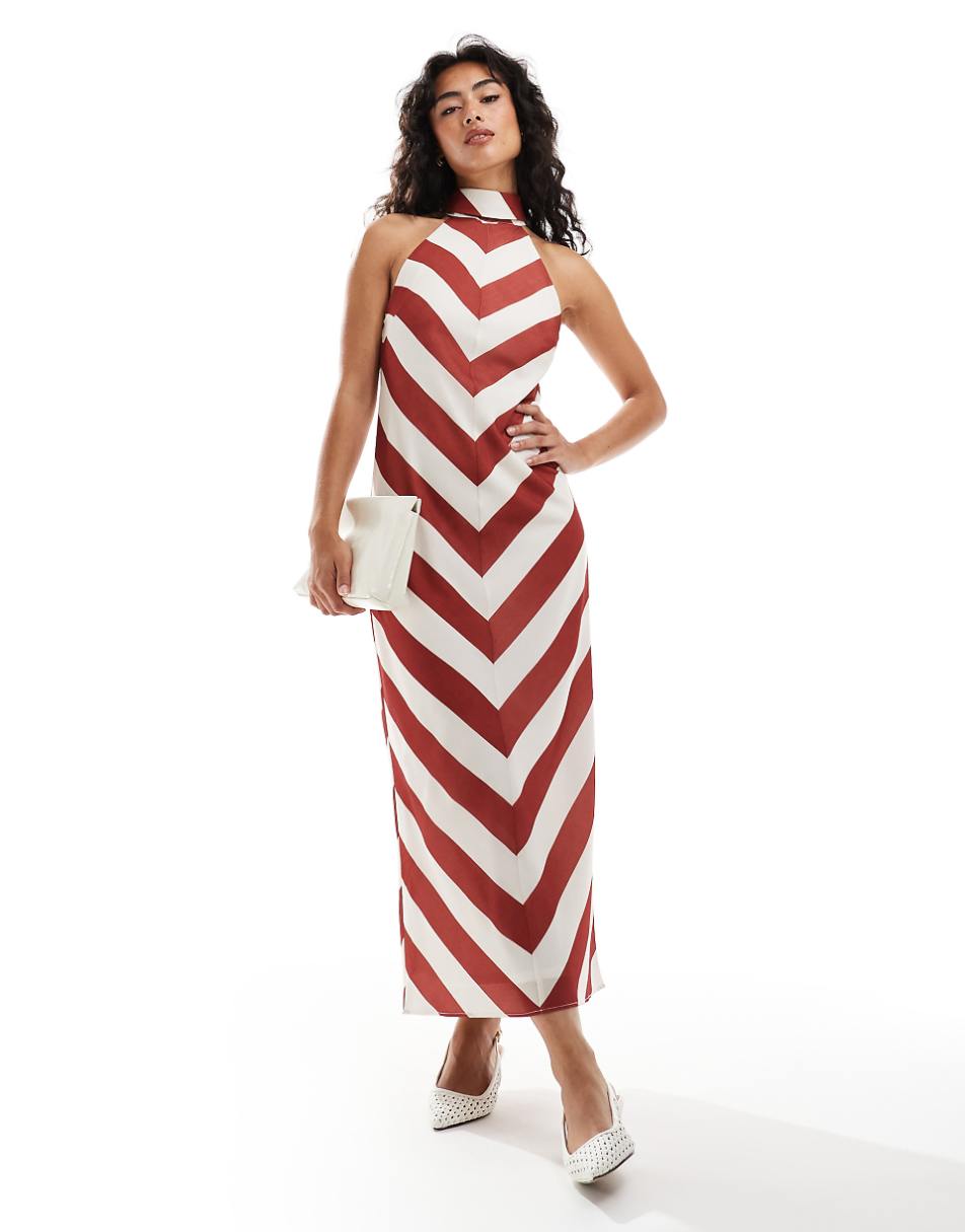 ASOS DESIGN high racer neck midi dress in burgundy stripe