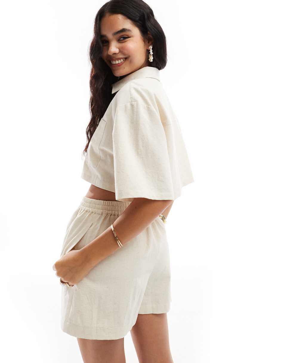 ASOS DESIGN cropped linen look shirt in neutral - part of a set