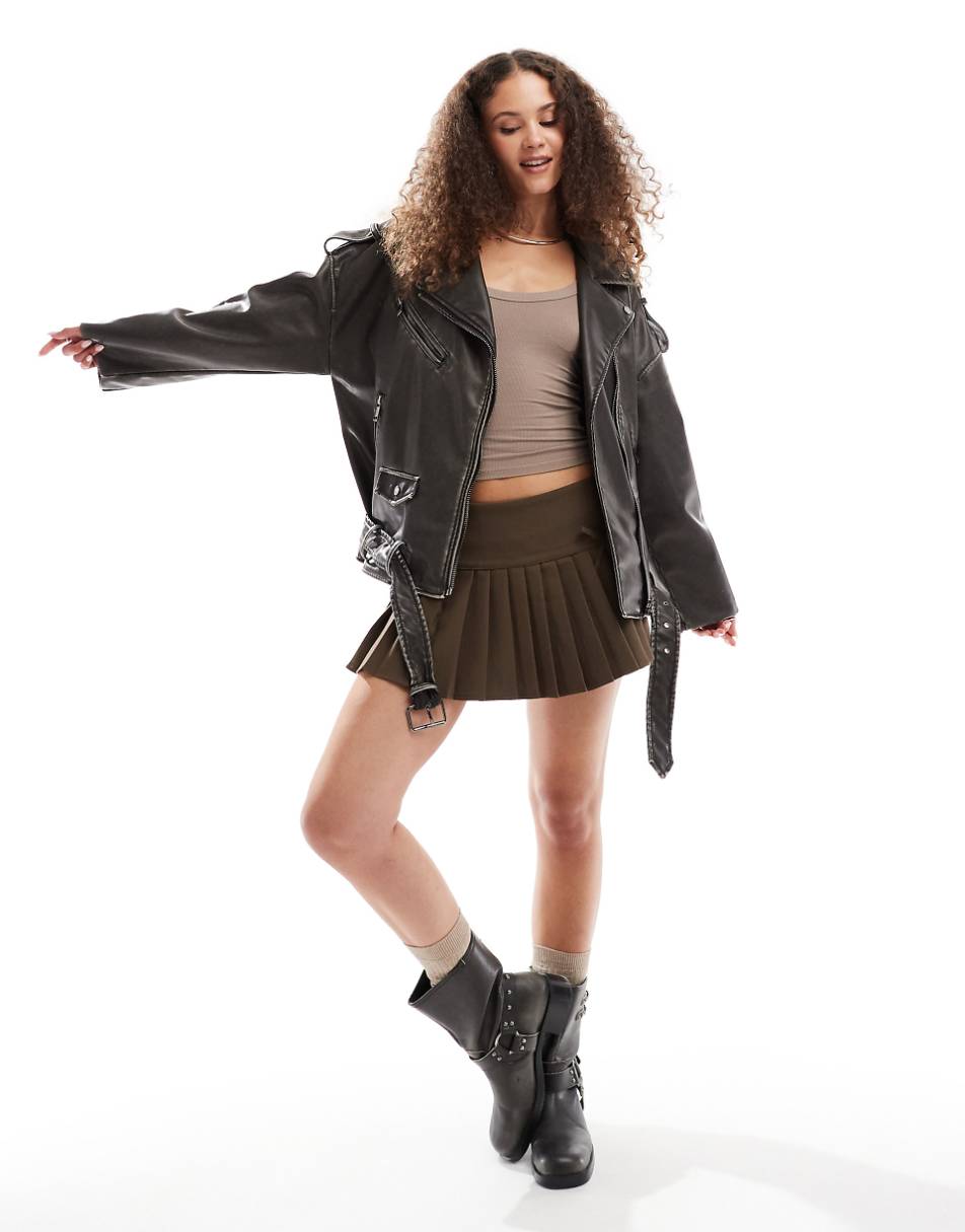 Lioness oversized distressed leather look pocket detail biker jacket in charcoal