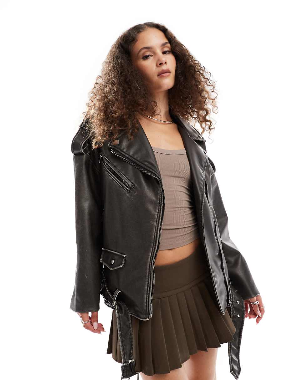 Lioness oversized distressed leather look pocket detail biker jacket in charcoal