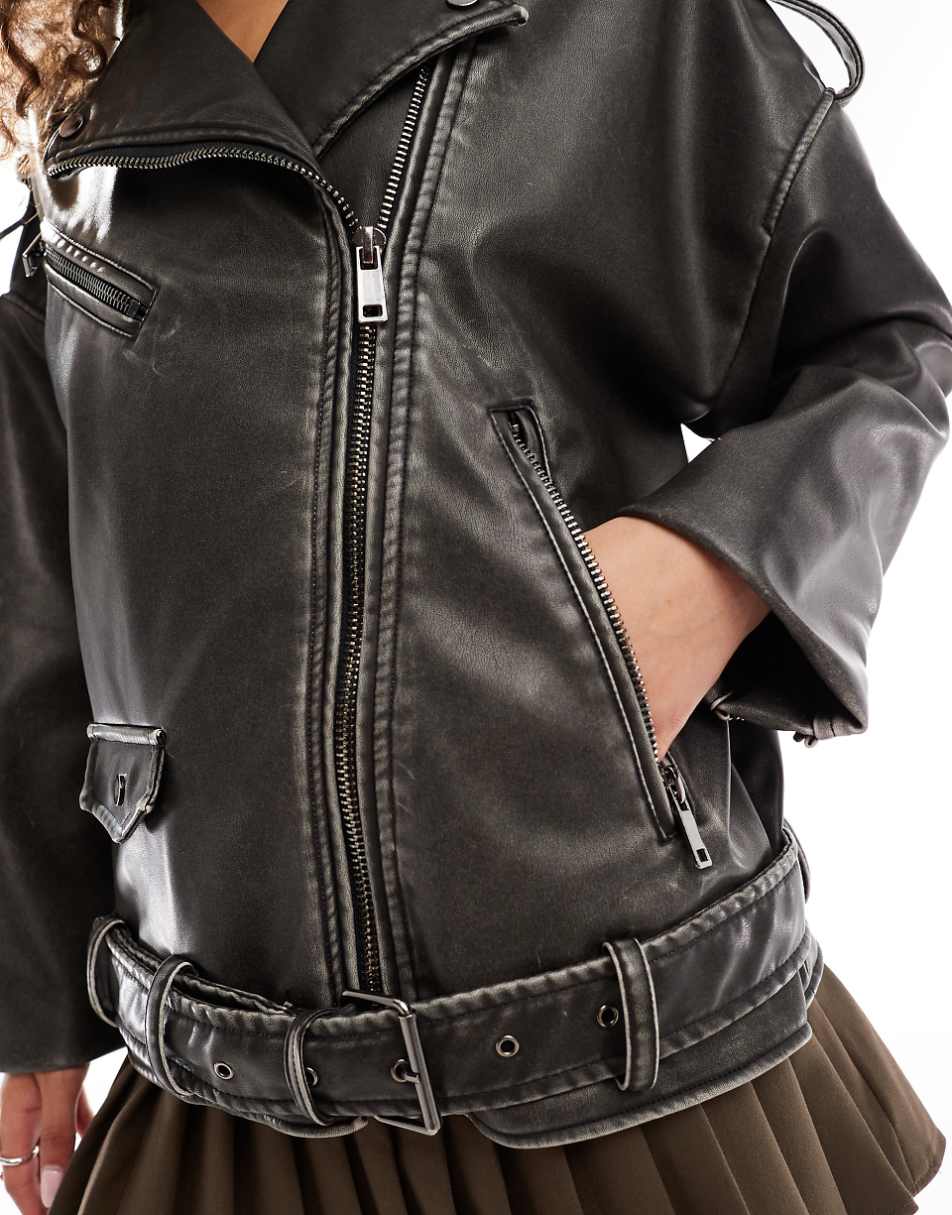 Lioness oversized distressed leather look pocket detail biker jacket in charcoal