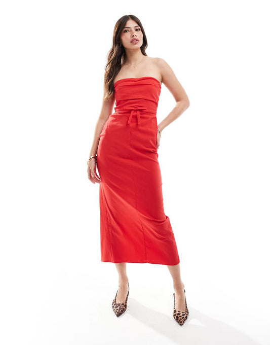 ASOS DESIGN bengaline bandeau midi dress with bow waist detail in red