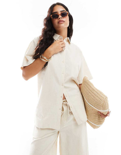 ASOS DESIGN oversized linen look shirt in neutral - part of a set