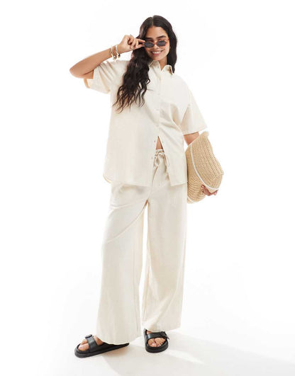 ASOS DESIGN oversized linen look shirt in neutral - part of a set